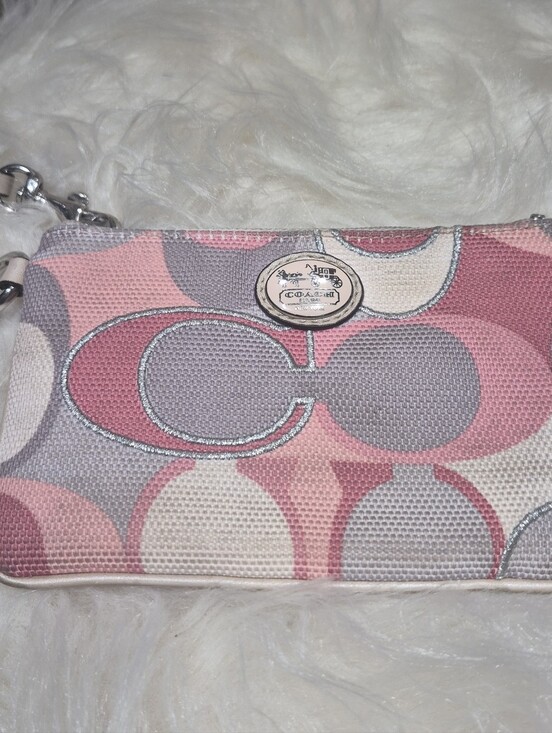 Coach Handbags - Coach Pink & Gray Signature Canvas Wristlet